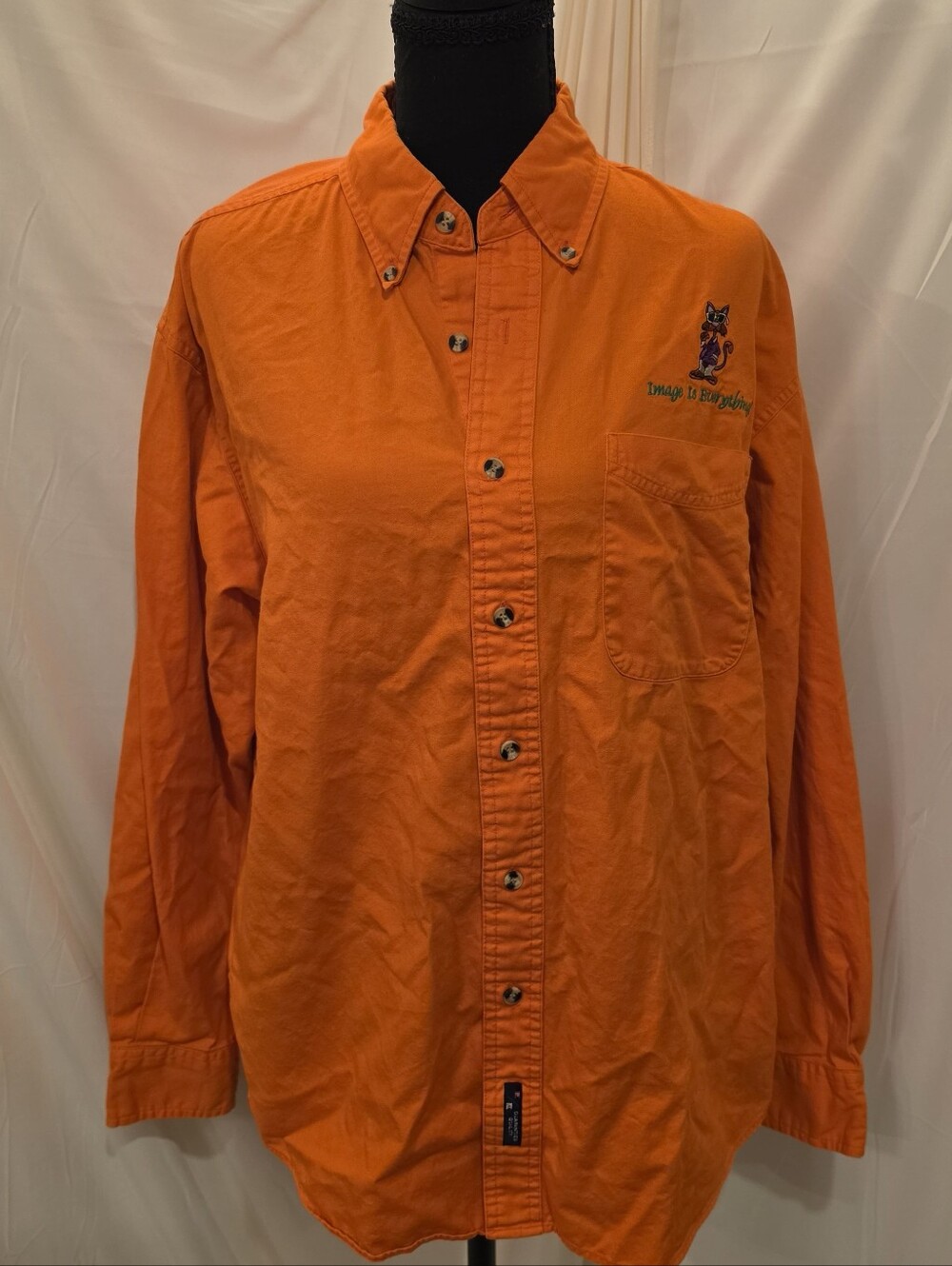 Port Authority Authentic Chinos Men’s M Orange Button Down Shirt Embroidered Cat